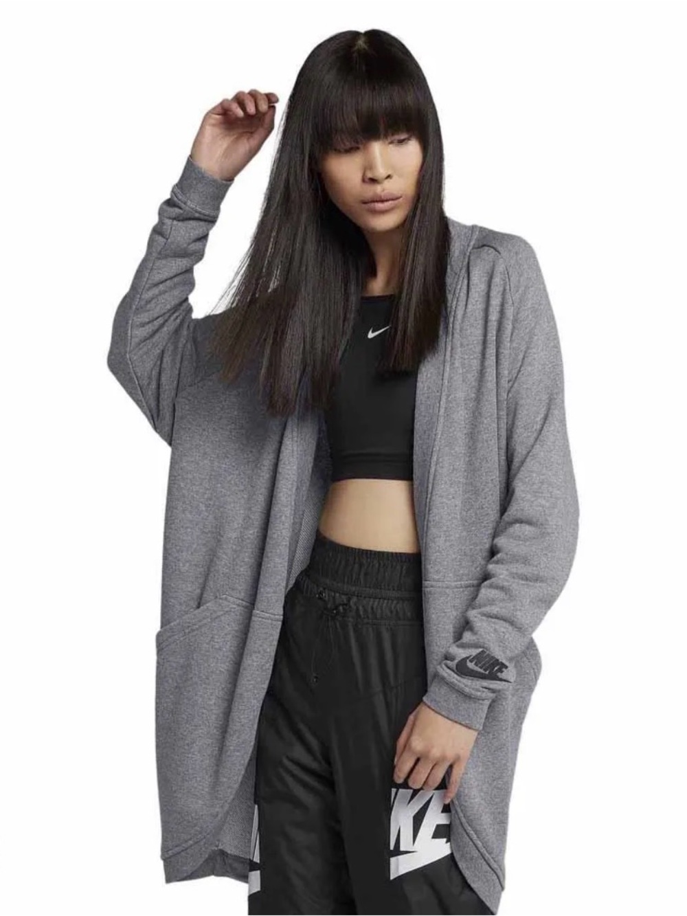 Nike Grey Open-Front Hooded Cardigan Sweater